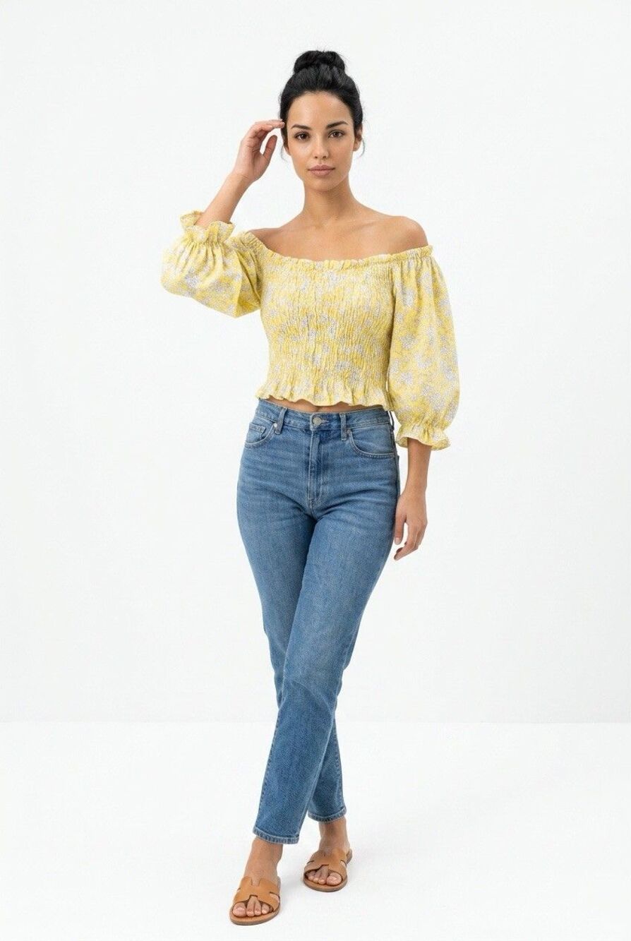 Freshman 1996 Floral Boho Print Smocked Crop Top Puff Sleeve Yellow XL